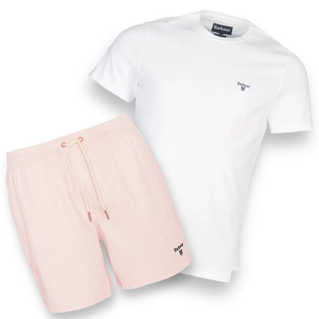 BARBOUR SMALL LOGO T-SHIRT & SWIM SHORTS SET WHITE & PINK SEERSUCKER STRIPE