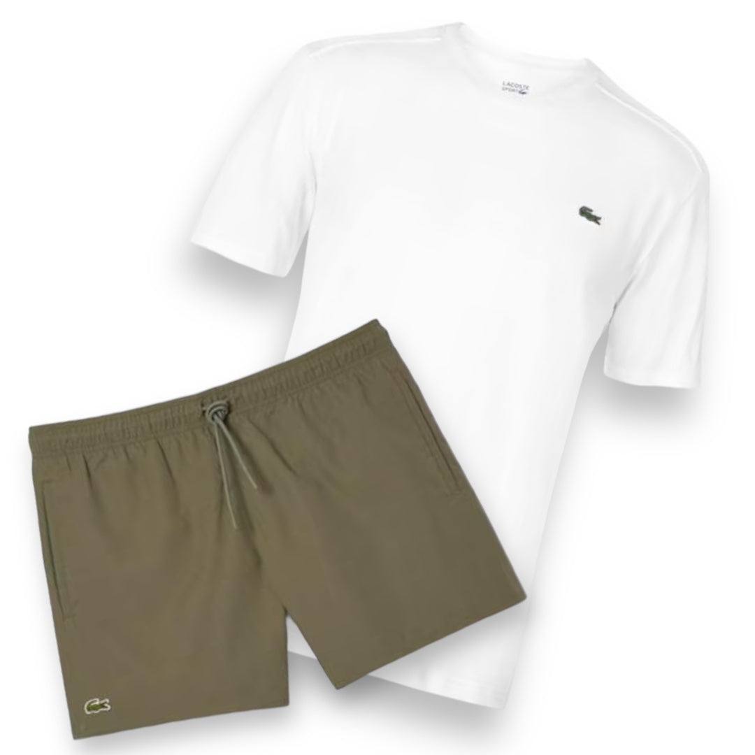 LACOSTE SMALL LOGO T-SHIRT & SWIM SHORTS SET WHITE & KHAKI GREEN