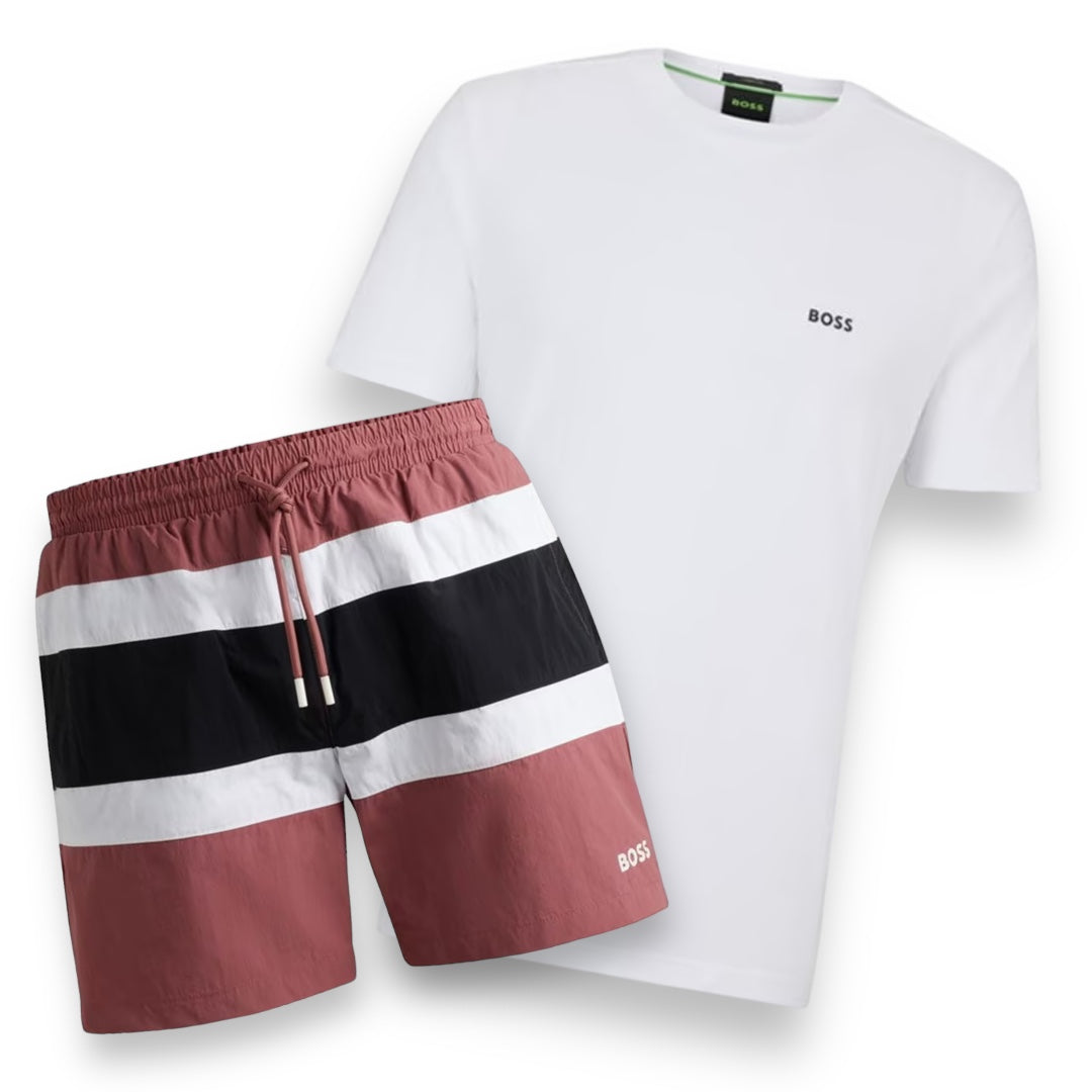 HUGO BOSS SMALL LOGO T-SHIRT & THICK STRIPE SWIM SHORTS SET WHITE & PINK