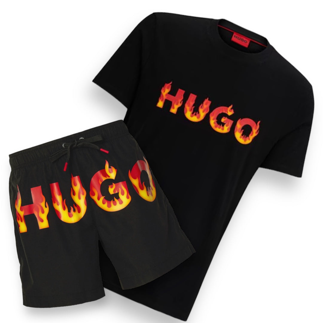 HUGO BOSS HUGO FLAME LOGO T-SHORT & LOGO FLAMES SWIM SHORTS SET BLACK