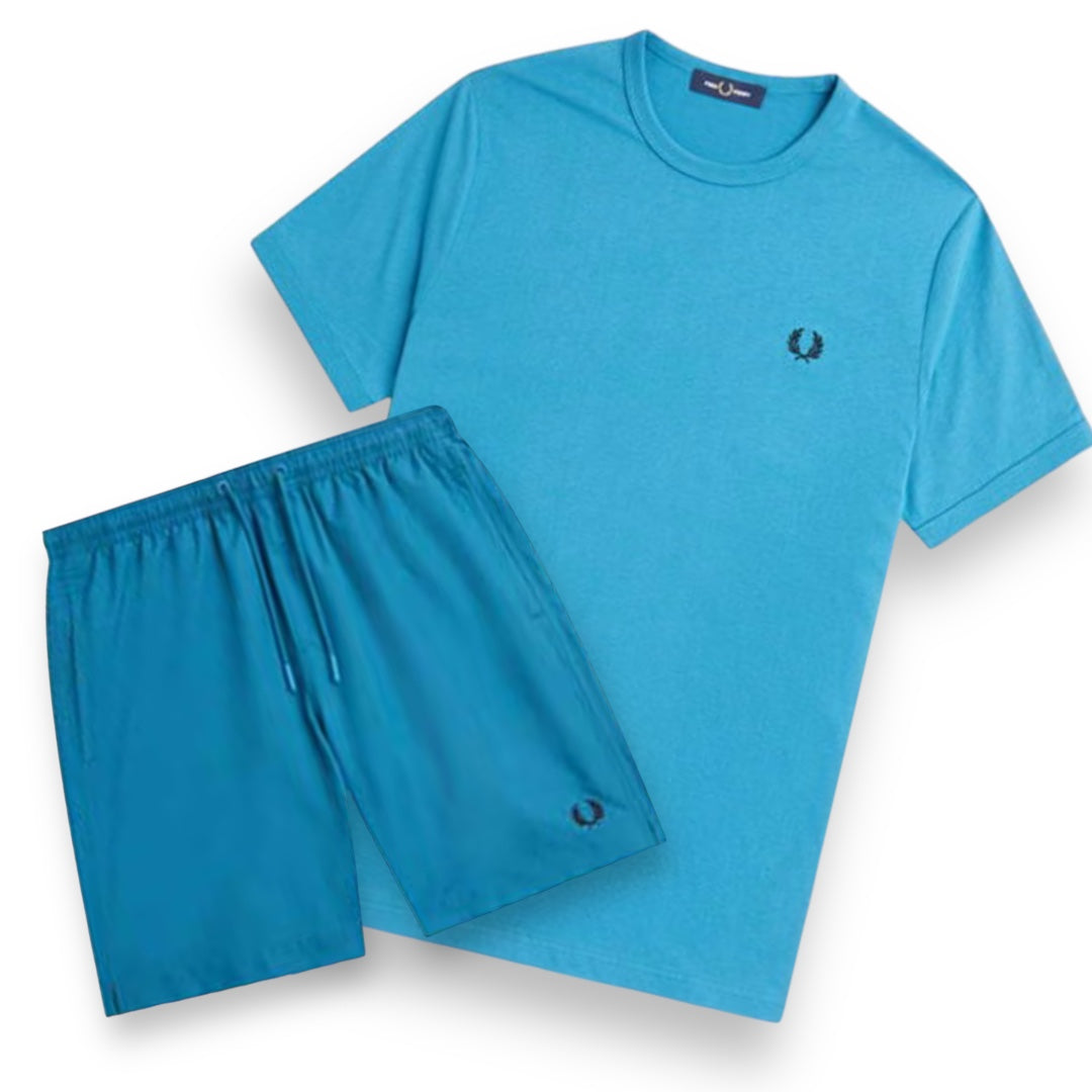 FRED PERRY SMALL LOGO T-SHIRT & SWIM SHORTS SET TURQUOISE