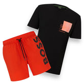 HUGO BOSS 4 BOX PRINT LOGO FRONT / BACK & VERTI SWIM SHORTS SET BLACK & ORANGE