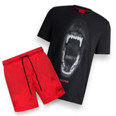 HUGO BOSS HUGO TEETH T-SHIRT & SWIM SHORTS SET BLACK & RED