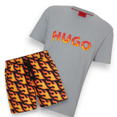 HUGO BOSS HUGO FLAME LOGO T-SHORT & MULTI FLAMES SWIM SHORTS SET GREY / ORANGE