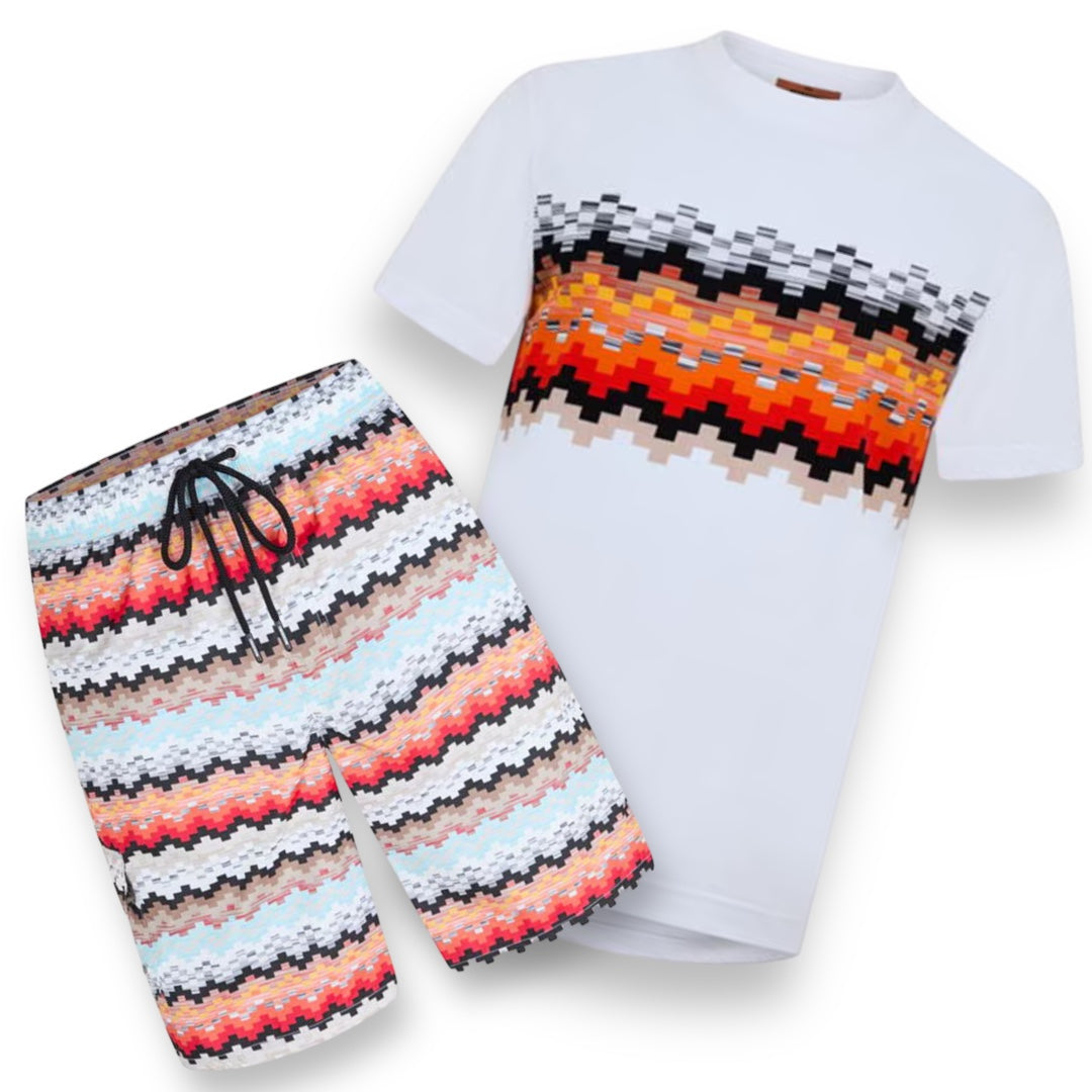 MISSONI ZIG ZAG LOGO T-SHIRT & SWIM SHORTS SET WHITE / ORANGE / RED