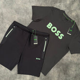 HUGO BOSS LOGO T-SHIRT & TECH JERSEY SHORTS SET CHARCOAL GREY