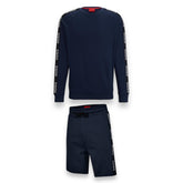 HUGO BOSS HUGO TAPE LOGO SWEATSHIRT & JERSEY SHORTS SET NAVY BLUE