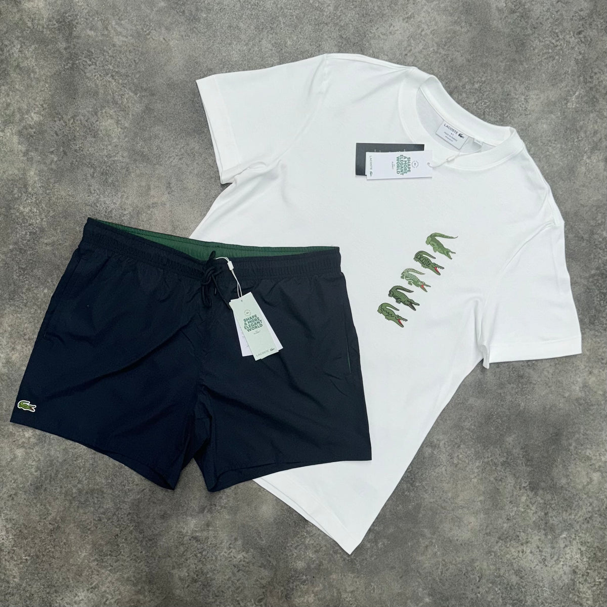 LACOSTE VERTI 5 LOGO T-SHIRT & SWIM SHORTS SET WHITE & NAVY BLUE