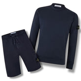 STONE ISLAND COMPASS BADGE LOGO CREW NECK SWEATSHIRT & SHORTS COMBO NAVY BLUE