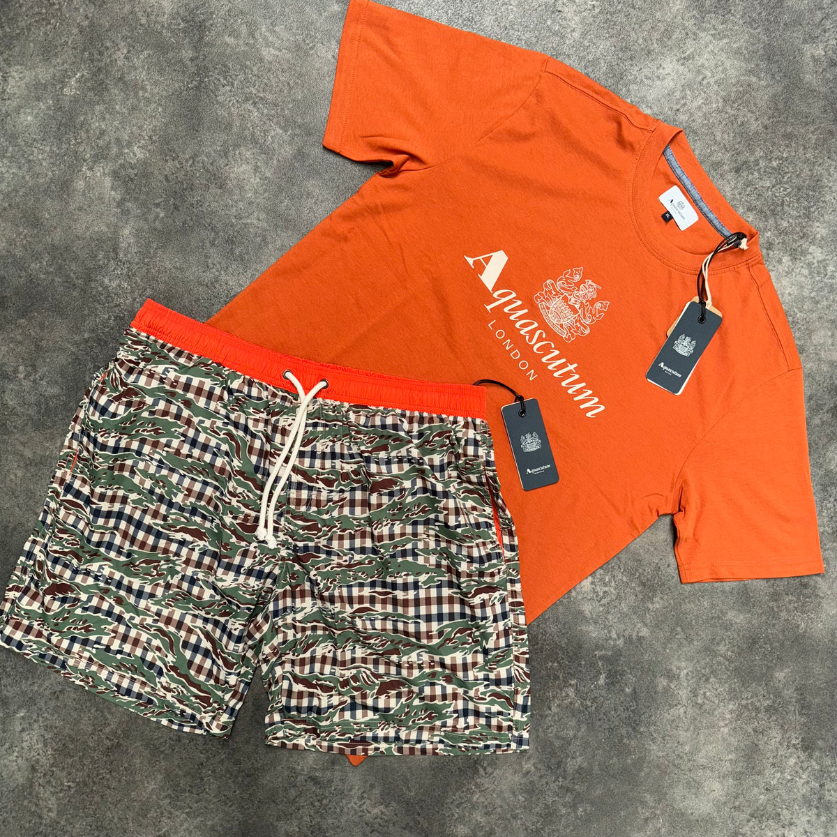 AQUASCUTUM BIG LOGO T-SHIRT & PATCH POCKET SWIM SHORTS SET ORANGE & CAMO