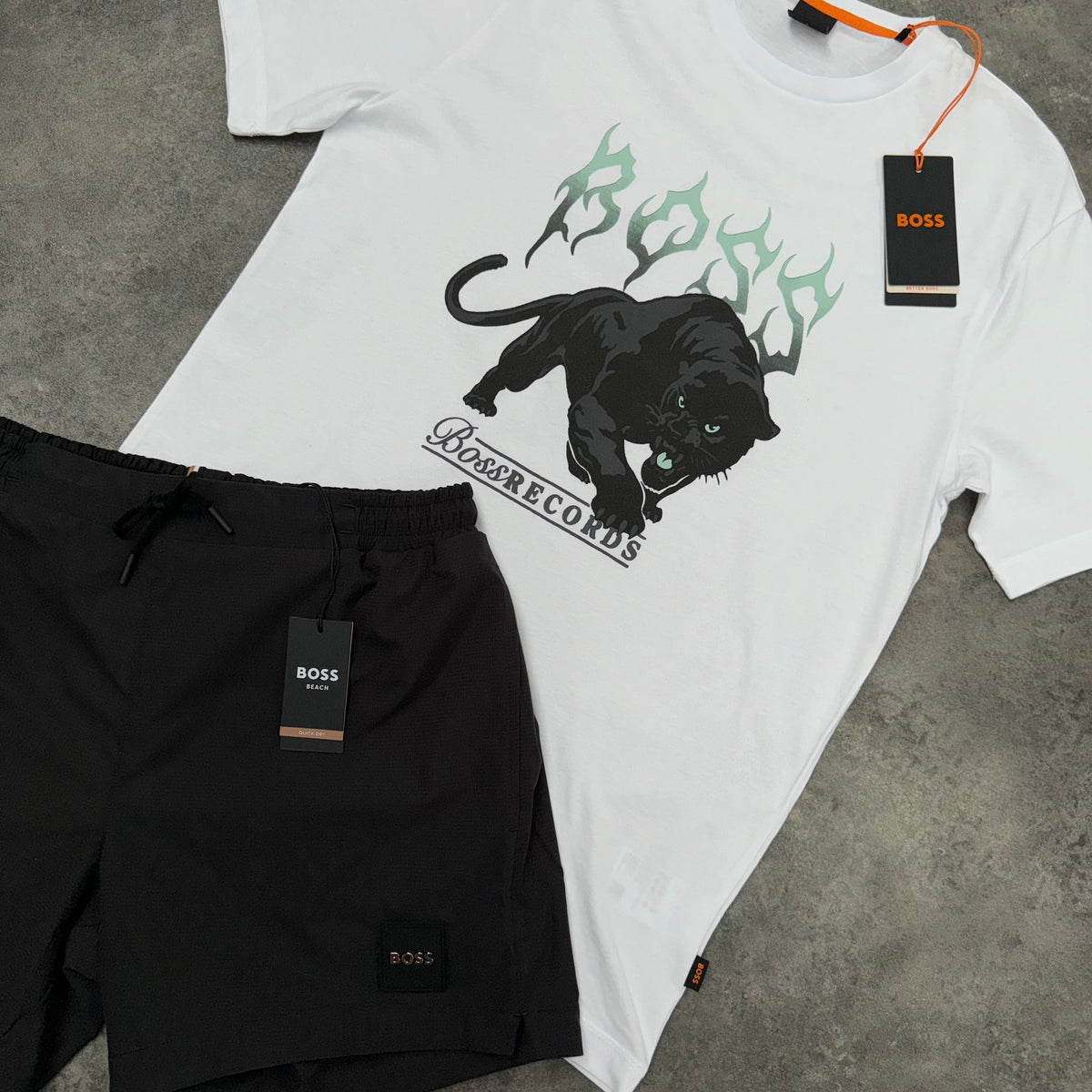 HUGO BOSS PANTHER RECORDS T-SHIRT & PLAQUE LOGO SWIM SHORTS SET WHITE