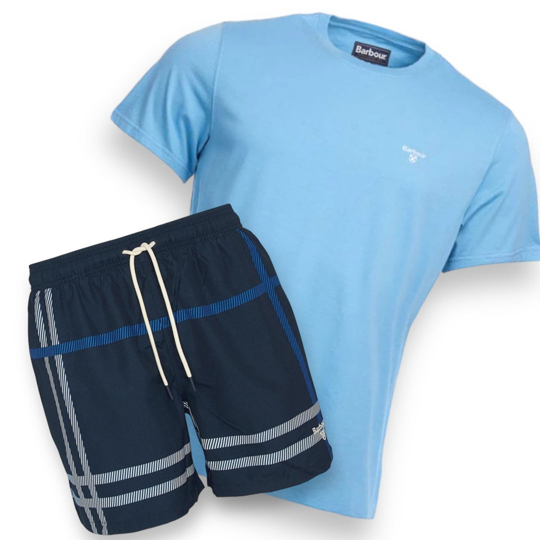 BARBOUR SMALL LOG T-SHIRT & SWIM SHORTS SET LIGHT BLUE & BLUE CHECK