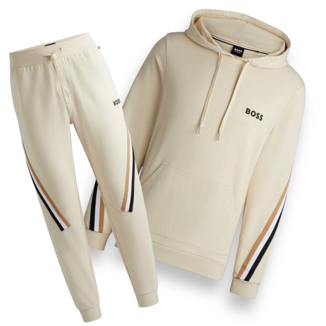 HUGO BOSS ICON TRI STRIPE HOODED FULL TRACKSUIT BEIGE