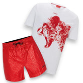 HUGO BOSS HUGO CHEETAH T-SHIRT & SWIM SHORTS SET WHITE & RED ALL OVER LOGO