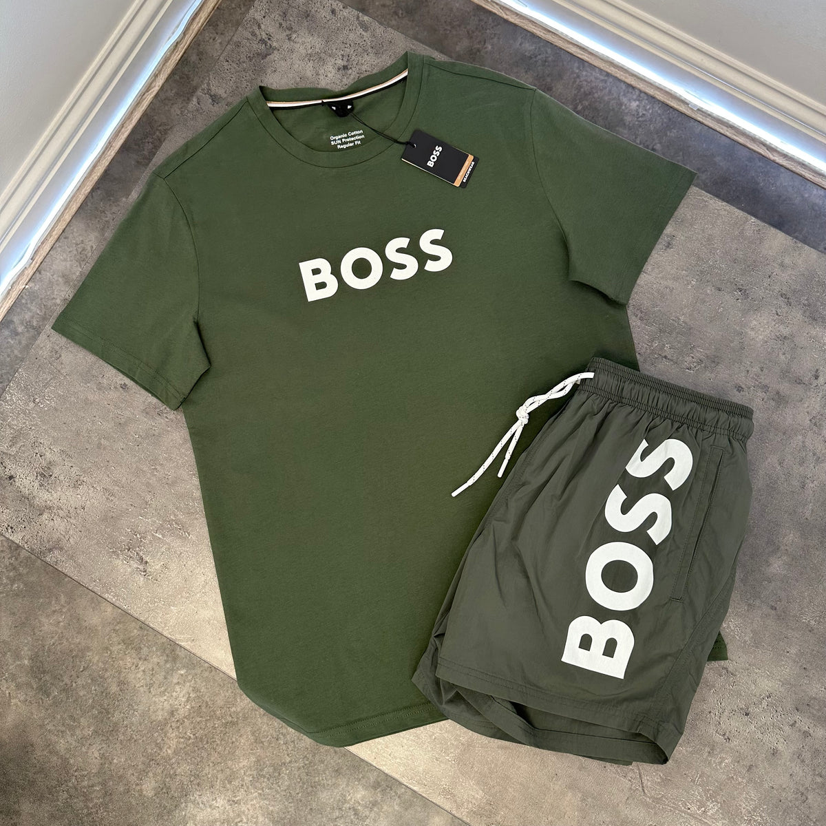Hugo boss big logo t-shirt & swim shorts set khaki green