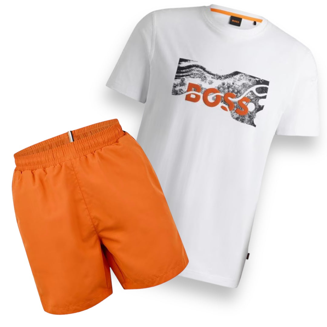 HUGO BOSS BIG BOX PRINT LOGO & TRIM SWIM SHORTS SET WHITE & ORANGE