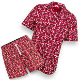 HUGO BOSS FLORAL HAWAIIAN SHIRT & SWIM SHORTS SET ALL OVER LOGO RED