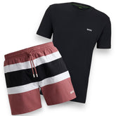 HUGO BOSS SMALL LOGO T-SHIRT & THICK STRIPE SWIM SHORTS SET NAVY & PINK