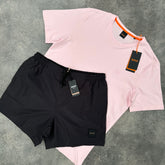 HUGO BOSS PATCH LOGO T-SHIRT & SWIM SHORTS SET PINK & BLACK