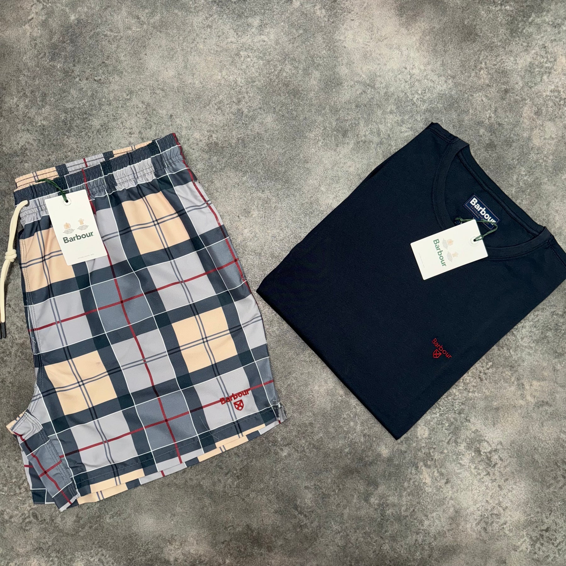 BARBOUR SMALL LOGO T-SHIRT & SWIM SHORTS SET NAVY & BEIGE CHECK