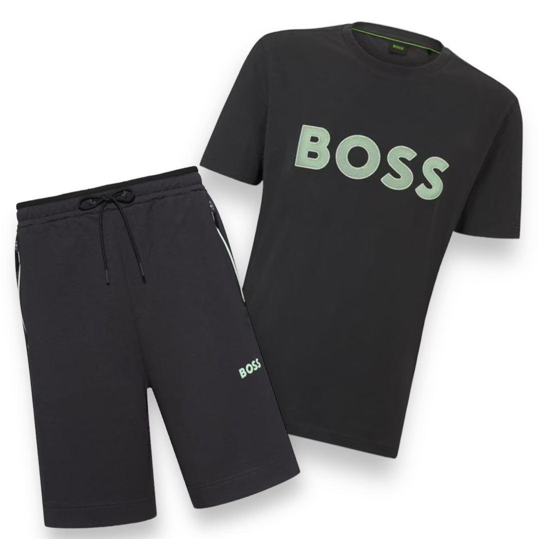 HUGO BOSS LOGO T-SHIRT & TECH JERSEY SHORTS SET CHARCOAL GREY