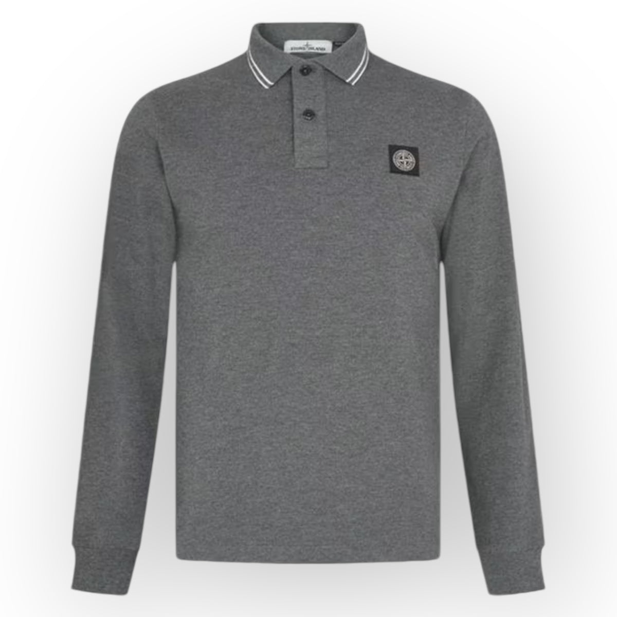 STONE ISLAND PATCH LOGO LONG SLEEVED POLO SHIRT CHARCOAL GREY