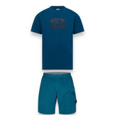 CP COMPANY BIG PATCH LOGO T-SHIRT & CARGO LENS SWIM SHORTS SET INK BLUE