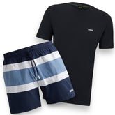 HUGO BOSS SMALL LOGO T-SHIRT & THICK STRIPE SWIM SHORTS SET NAVY & BLUE