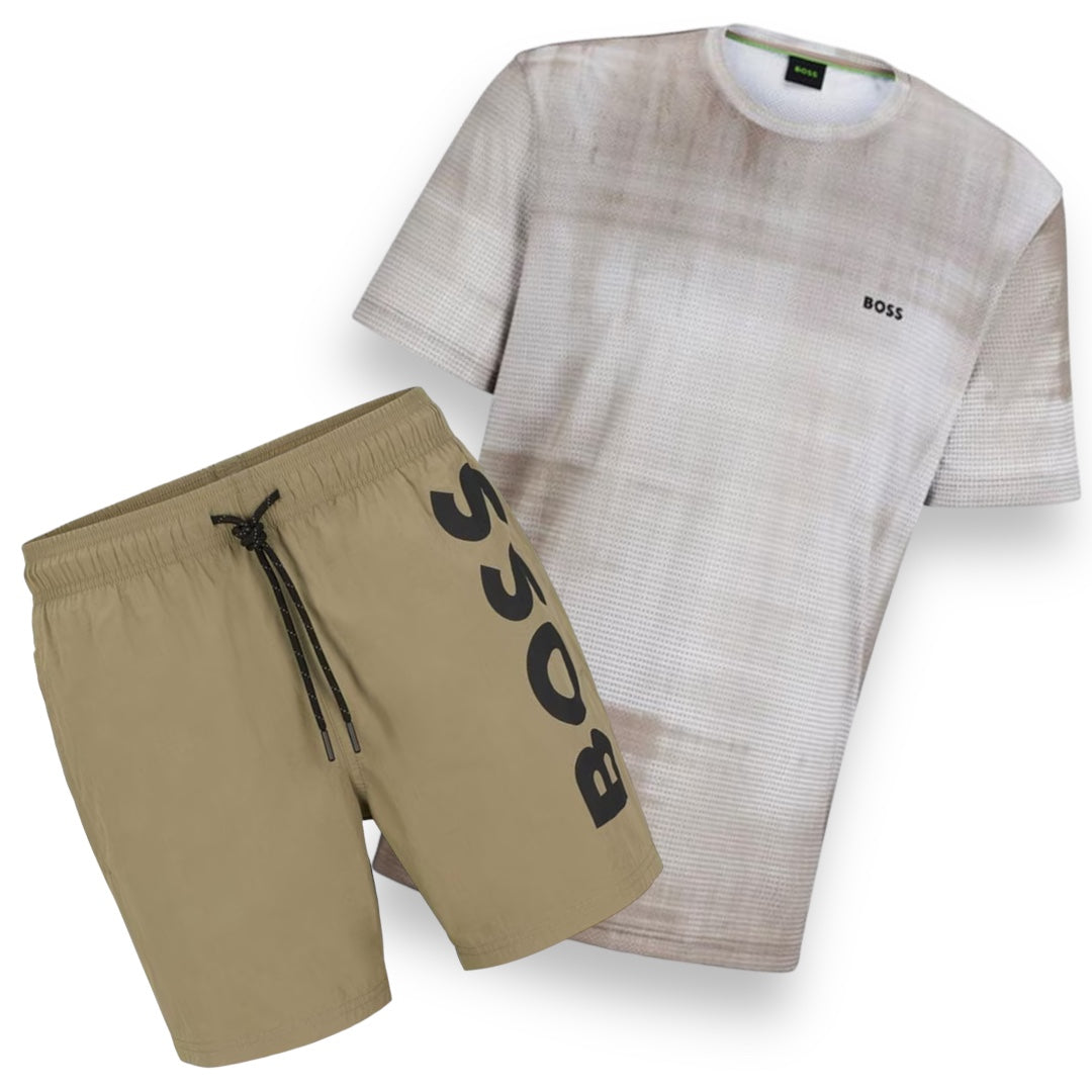 HUGO BOSS ROLL T-SHIRT & VERTI SWIM SHORTS SET KHAKI GREEN