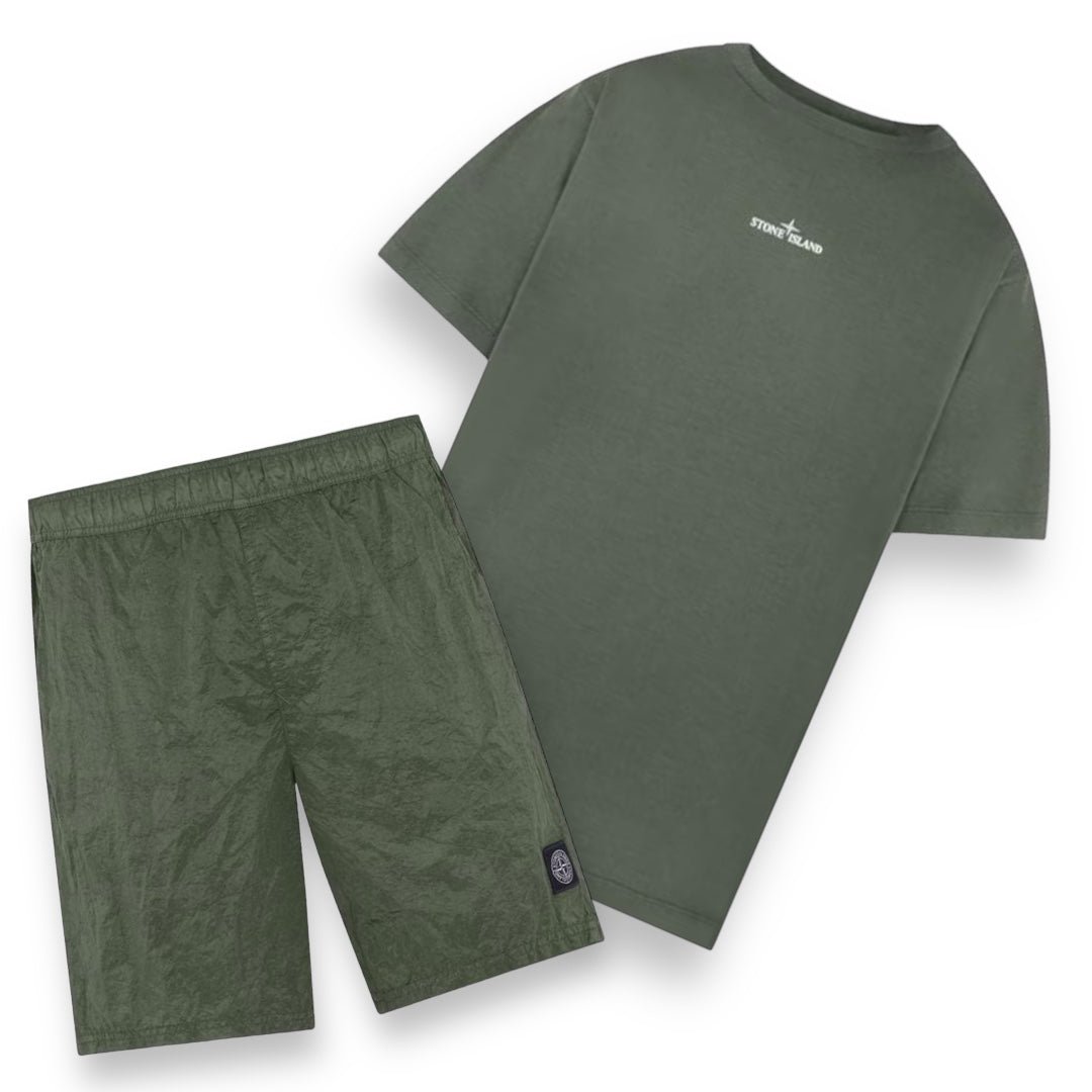 STONE ISLAND PAINT LOGO T-SHIRT & NYLON SWIM SHORTS SET KHAKI GREEN