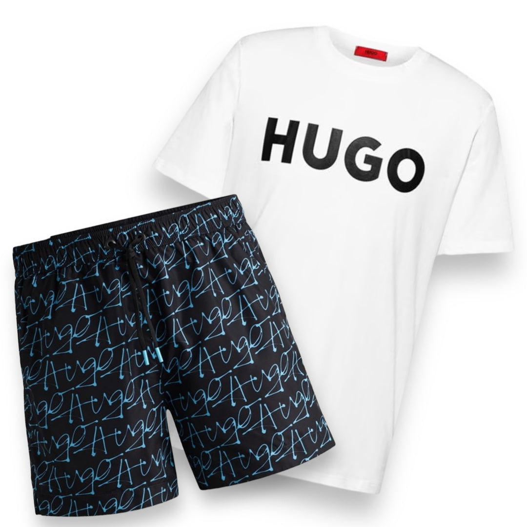 HUGO BOSS HUGO BIG LOGO T-SHIRT & SWIM SHORTS SIGNATURE LOGO SET WHITE & BLACK