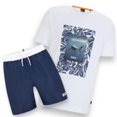 HUGO BOSS SHARK BOX LOGO T-SHIRT & SWIM SHORTS SET WHITE & NAVY BLUE