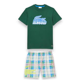 LACOSTE LARGE LOGO T-SHIRT & CHECKERED SWIM SHORTS SET GREEN & BLUE