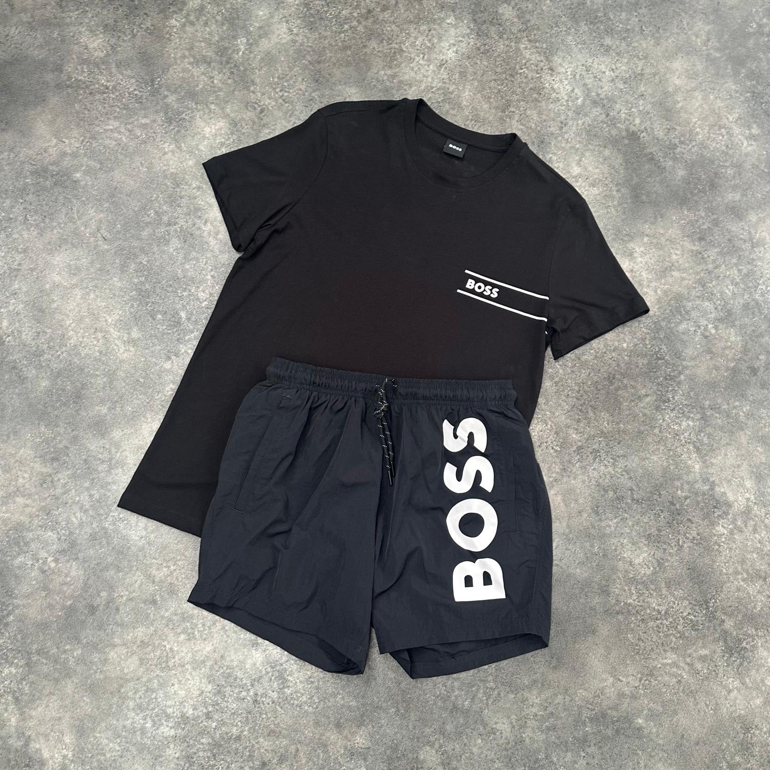 HUGO BOSS HUGO T-SHIRT & SWIM SHORTS SET BLACK & BLACK  * SALE *