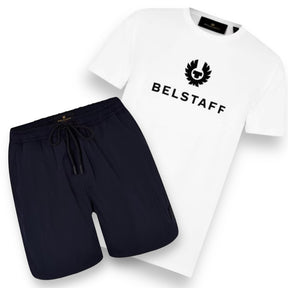 BELSTAFF LARGE LOGO T-SHIRT & NYLON METAL STYLE SWIM SHORTS SET WHITE & NAVY