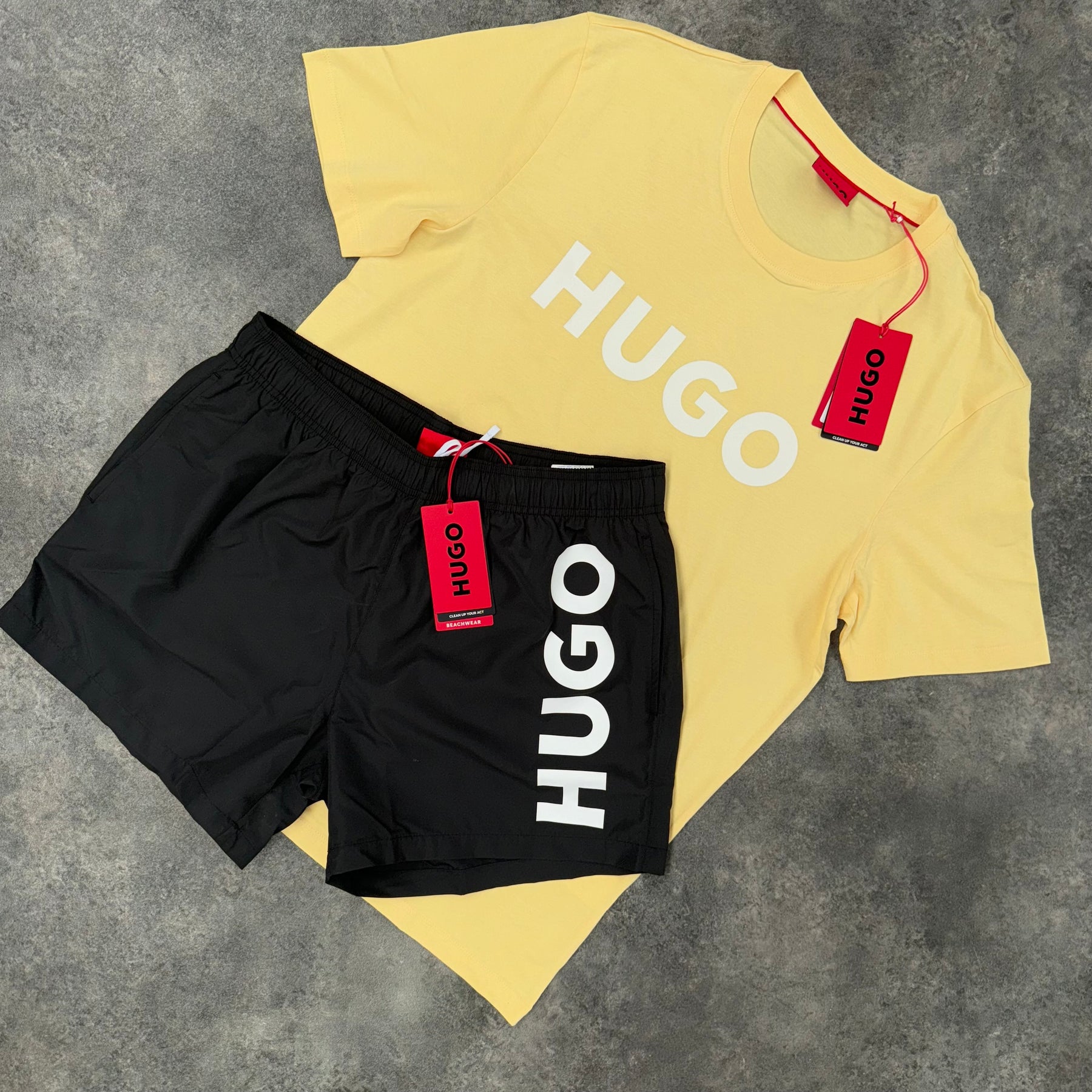 HUGO BOSS HUGO VERTICAL LOGO T-SHIRT & SWIM SHORTS SET LEMON & BLACK