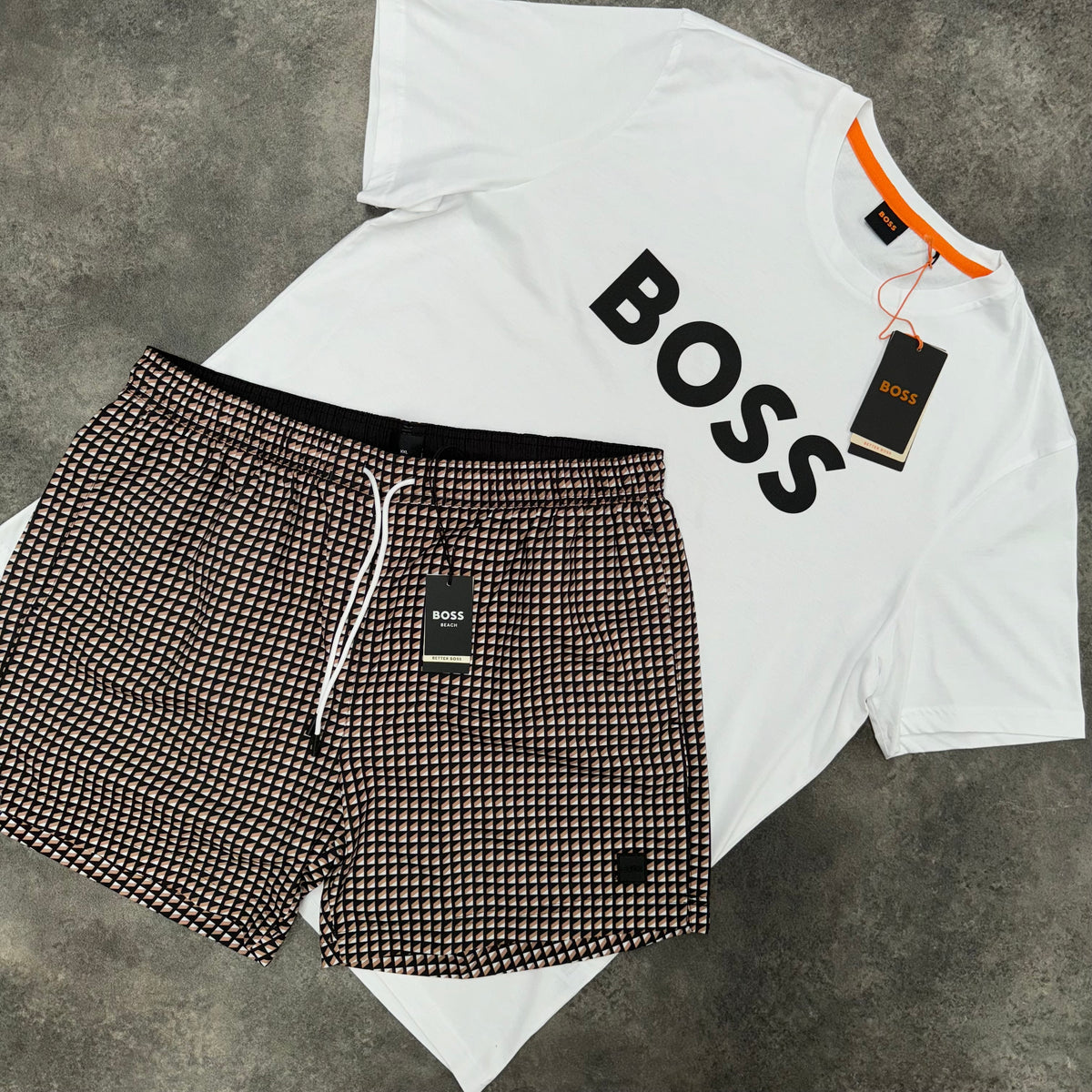 HUGO BOSS LOGO T-SHIRT & WAVE SWIM SHORTS SET WHITE / BLACK / BROWN