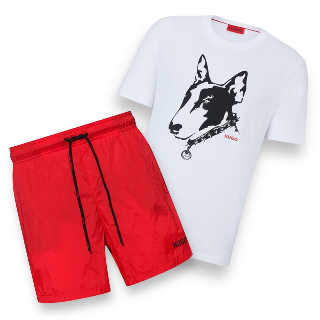 HUGO BOSS HUGO BULL TERRIER T-SHIRT & SWIM SHORTS SET WHITE & RED