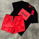 HUGO BOSS HUGO BOX LOGO T-SHIRT & ALL OVER LOGO SWIM SHORTS BLACK & RED