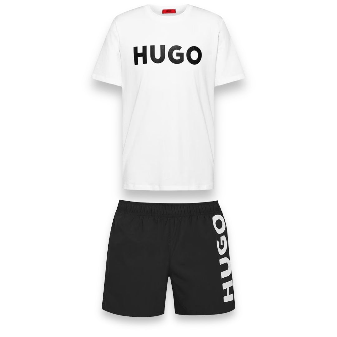 HUGO BOSS HUGO BIG LOGO T-SHIRT & SWIM SHORTS SET WHITE & BLACK