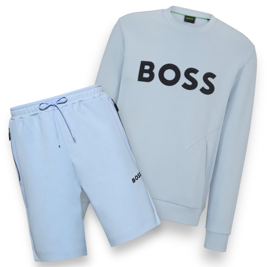 HUGO BOSS BIG LOGO SWEATSHIRT & TECH JERSEY SHORTS SET LIGHT BLUE