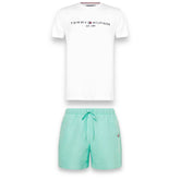 TOMMY HILFIGER FLAG LOGO T-SHIRT & SWIM SHORTS SET WHITE - MINT GREEN