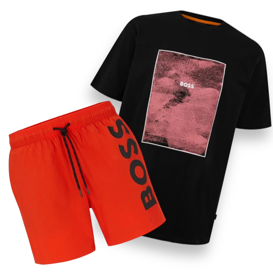 HUGO BOSS BIG BOX PRINT LOGO & VERTI SWIM SHORTS SET BLACK & ORANGE