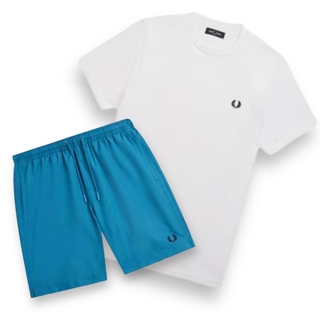 FRED PERRY SMALL LOGO T-SHIRT & SWIM SHORTS SET WHITE & TURQUOISE