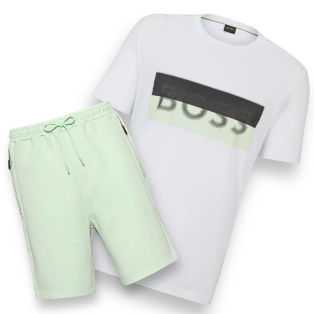 HUGO BOSS LOGO T-SHIRT & TECH JERSEY SHORTS SET WHITE & LIGHT GREEN