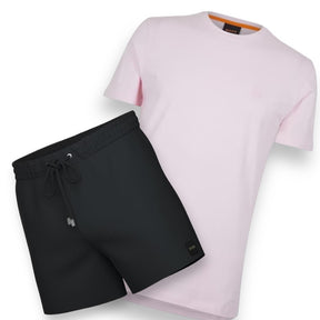 HUGO BOSS PATCH LOGO T-SHIRT & SWIM SHORTS SET PINK & BLACK