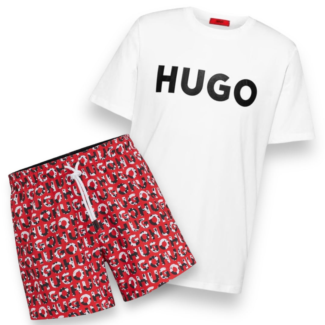 HUGO BOSS HUGO TEXT LOGO T-SHIRT & SWIM SHORTS NEW ALL OVER LOGO SET WHITE & RED