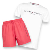 TOMMY HILFIGER FLAG LOGO T-SHIRT & SWIM SHORTS SET WHITE - PINK