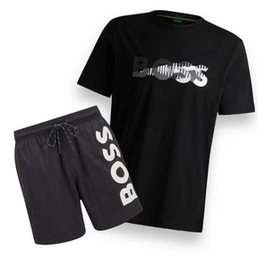 HUGO BOSS FADE LOGO & VERTI SWIM SHORTS SET BLACK