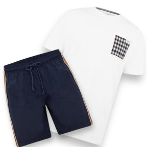 AQUASCUTUM PATCH POCKET T-SHIRT & PATCH POCKET SWIM SHORTS SET WHITE PATCH & NAVY